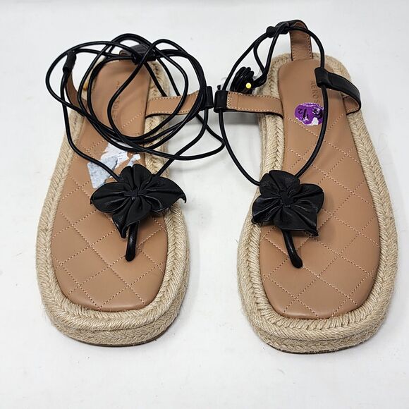 Aerosoles Fanie Lace Up Black Leather Flower Espadrilles Sandals Size 9.5 Black - Picture 3 of 14
